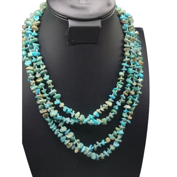 SK925 Turquoise Chip Necklace 80" Flapper Style Chunks Hand Knotted Thailand - Picture 5 of 15